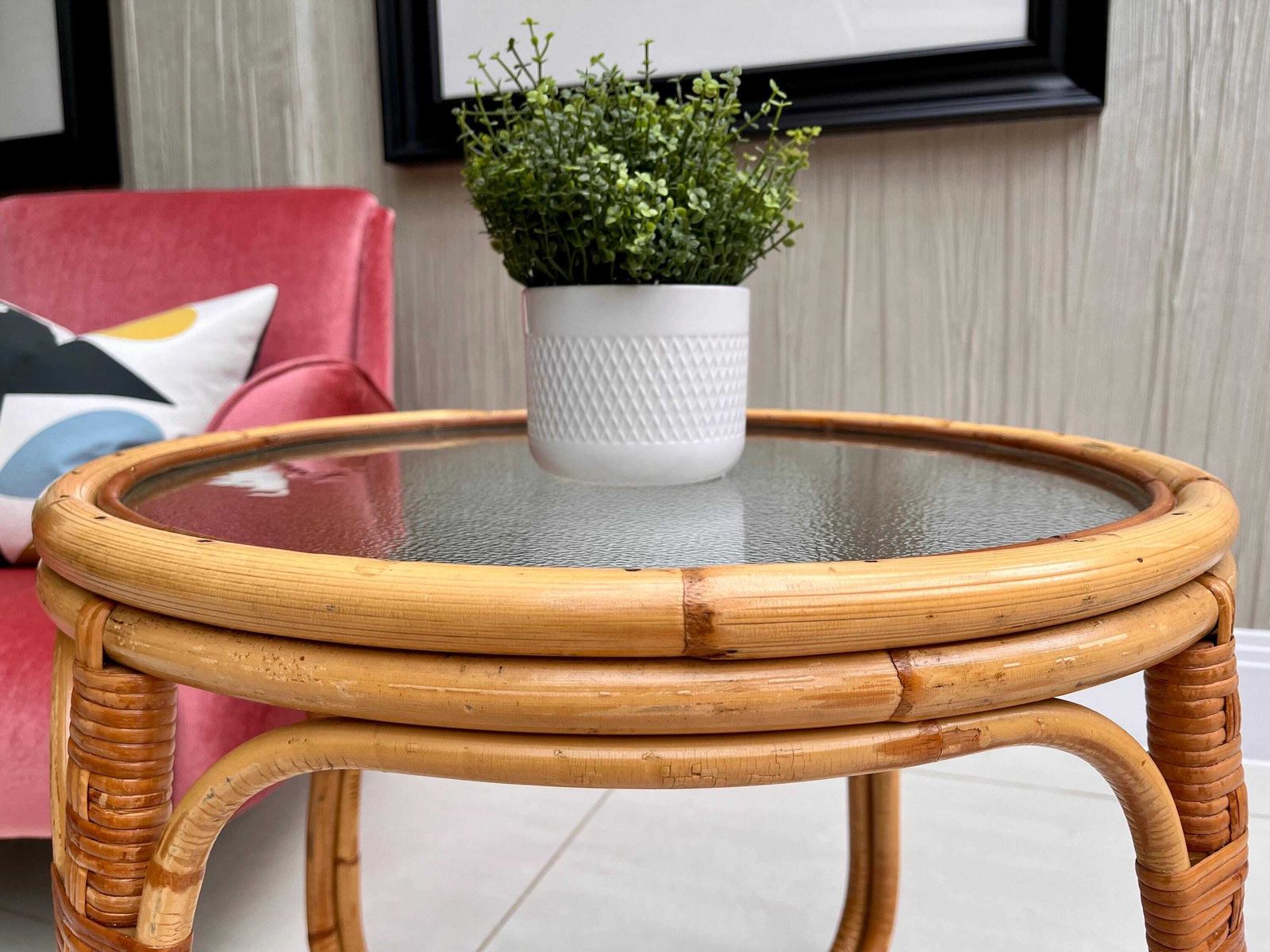 photo vintage Angraves Bamboo & Textured Glass Coffee Table — 1970s British Cane Design