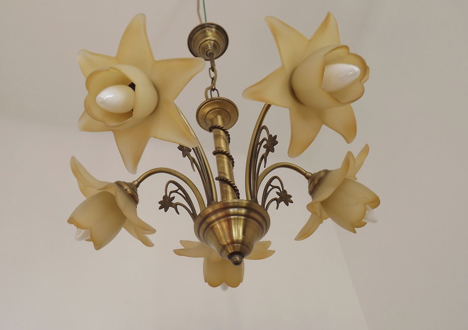 French Vintage 5 Light Bronze Effect Metal Chandelier Pretty Glass Flower Shades photo Lighting