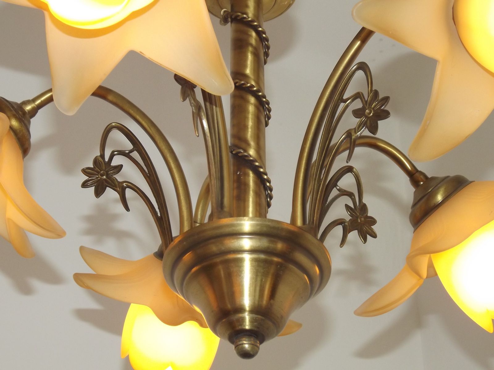 photo for sale French Vintage 5 Light Bronze Effect Metal Chandelier Pretty Glass Flower Shades
