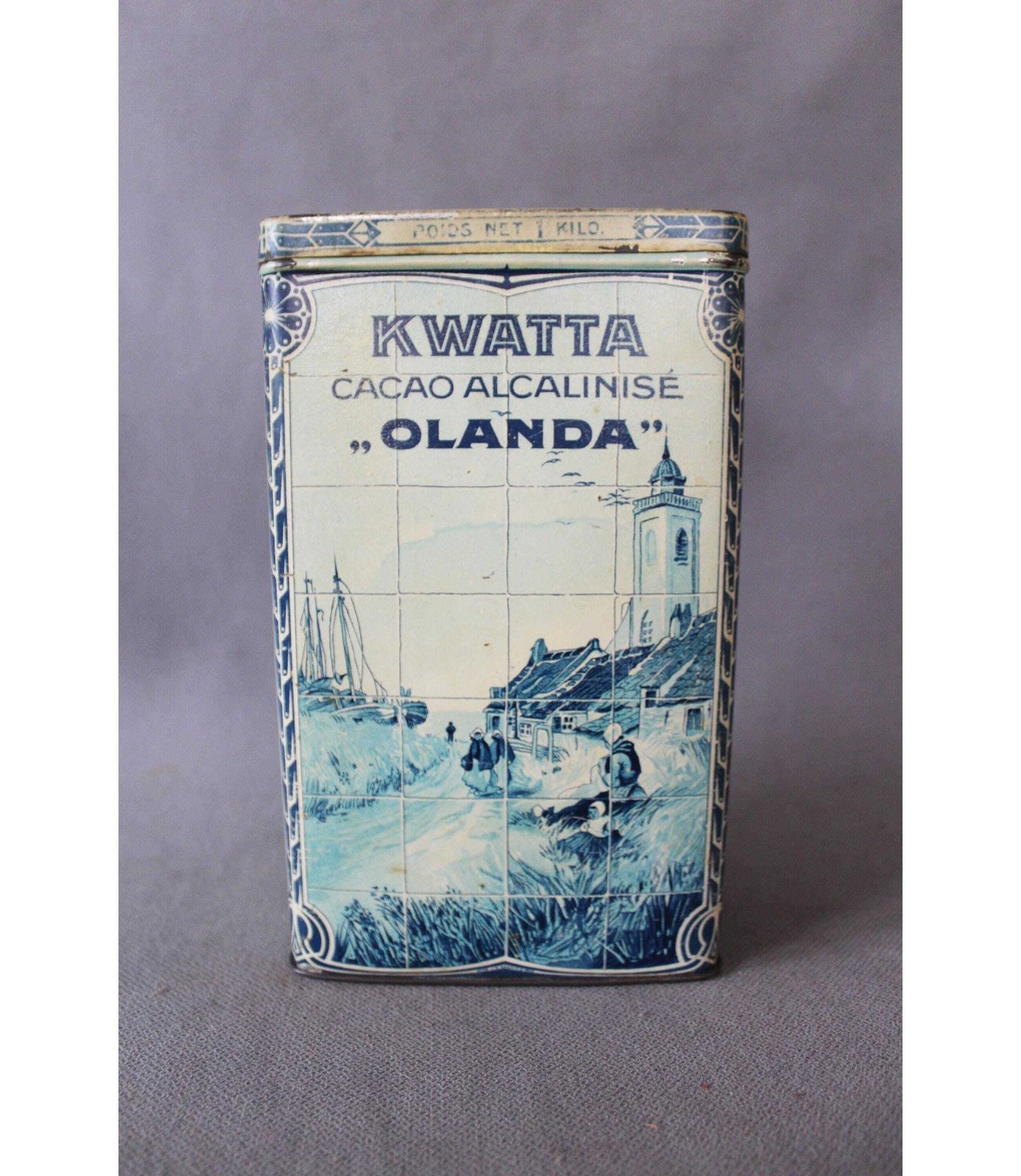 Rare And Large Antique Tin Cacao Box, 1 Kilos Tin Can Kwatta Cacao Olanda, Chocolate, J. B. Gabriels Brussels, Dutch Holland Decor, C 1915 photo furniture
