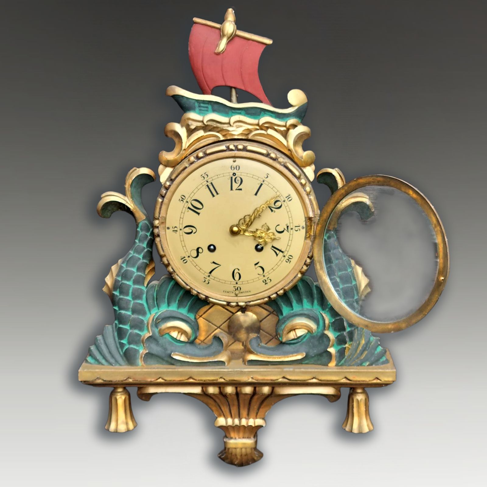 Antique Swedish Gilded Wooden Wall Clock Exacta Made By Hasselblad Sweden 60cm H photo furniture