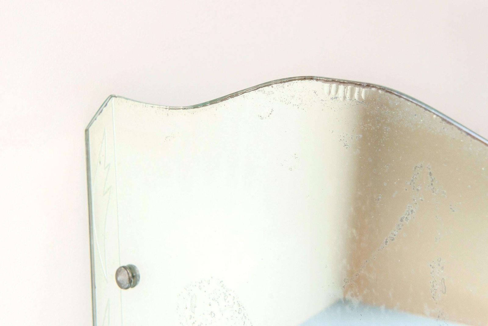 Art Deco Frameless Mirror, Antique Wall Mirror With Hanging Cord, Made In England, Etched Mirror With Facet Cut Glass photo for sale