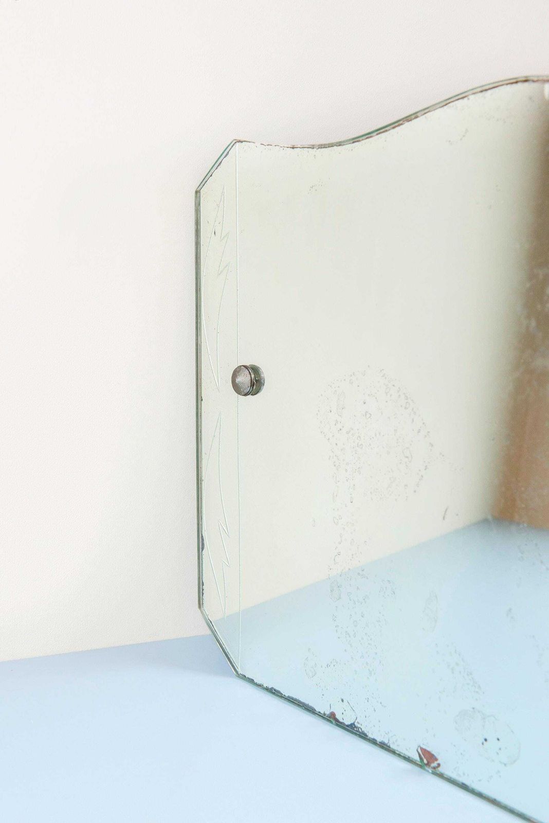photo furniture Art Deco Frameless Mirror, Antique Wall Mirror With Hanging Cord, Made In England, Etched Mirror With Facet Cut Glass