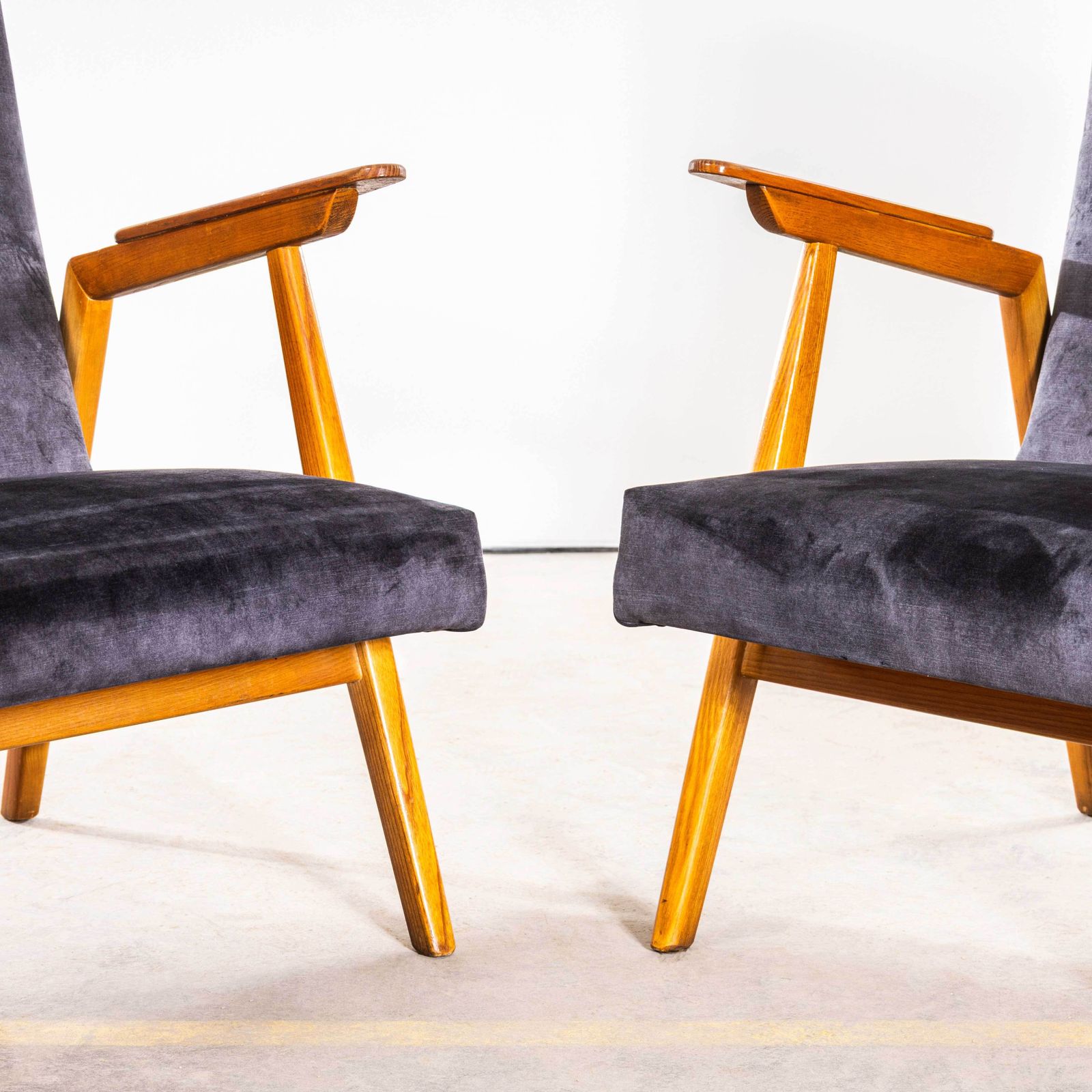 1950’s Mid Century Upholstered Grey Armchairs With Straight Arms And Top Caps photo for sale