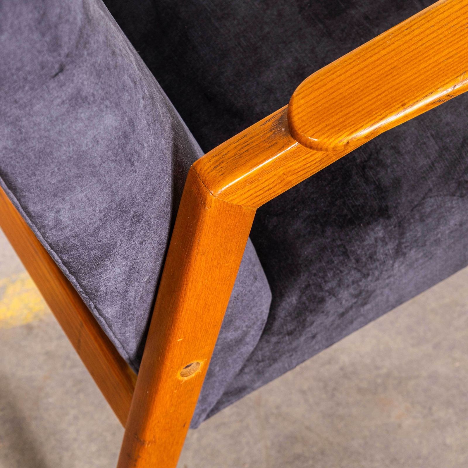1950’s Mid Century Upholstered Grey Armchairs With Straight Arms And Top Caps photo buy