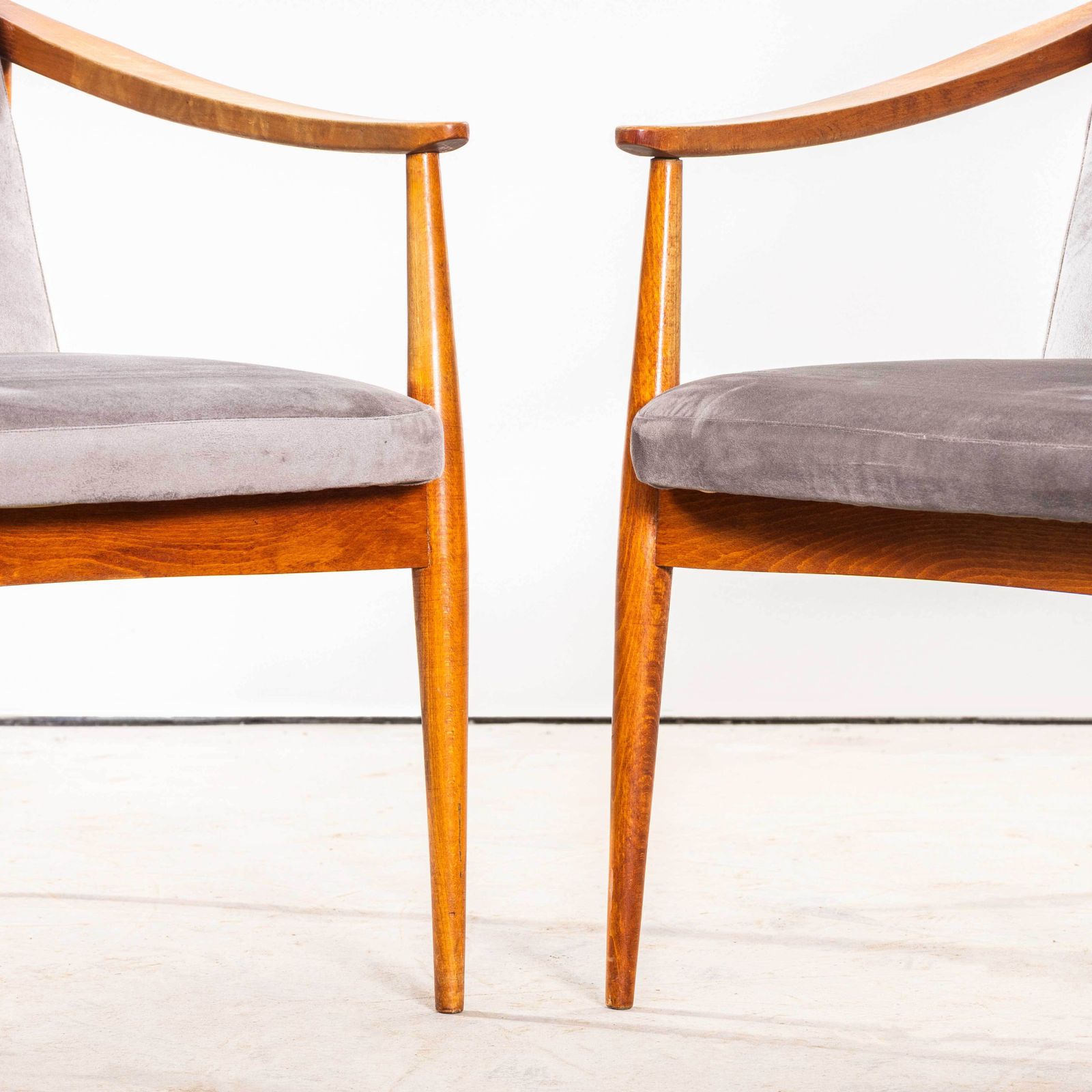 1950’s Mid Century Upholstered Light Grey Armchairs With Straight Arms And Top Caps photo vinterior