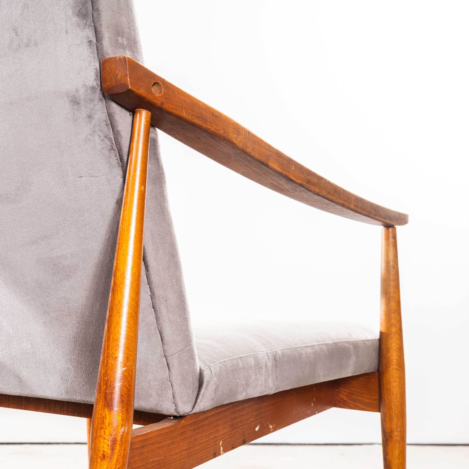 1950’s Mid Century Upholstered Light Grey Armchairs With Straight Arms And Top Caps photo buy
