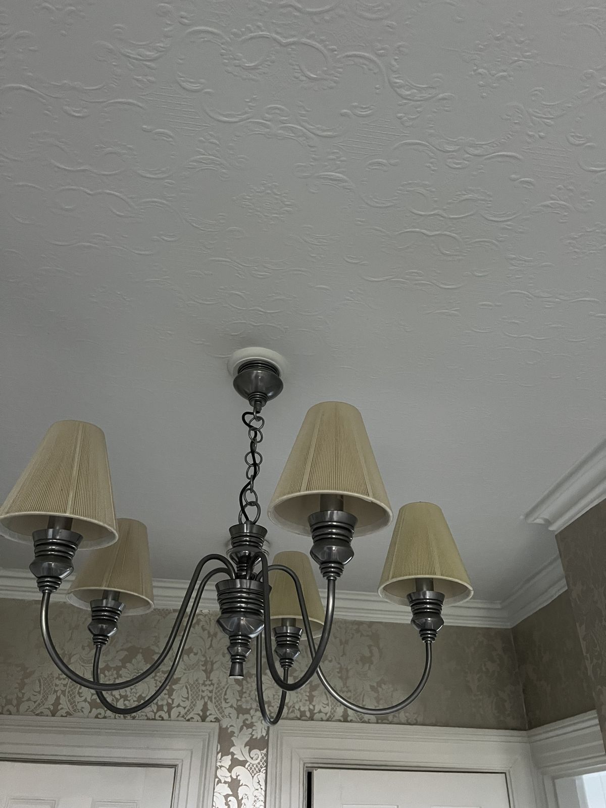 David Hunt Doreen, A Pair Of 5 Light Pewter Chandeliers With Seamist Gold String Shade photo 500.0