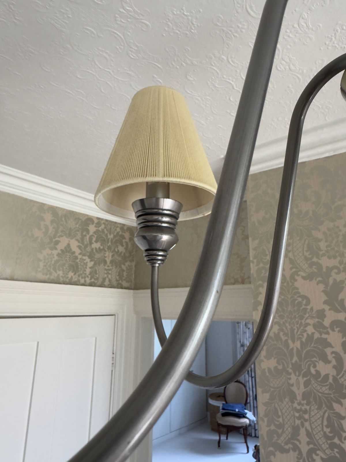 David Hunt Doreen, A Pair Of 5 Light Pewter Chandeliers With Seamist Gold String Shade photo vinterior