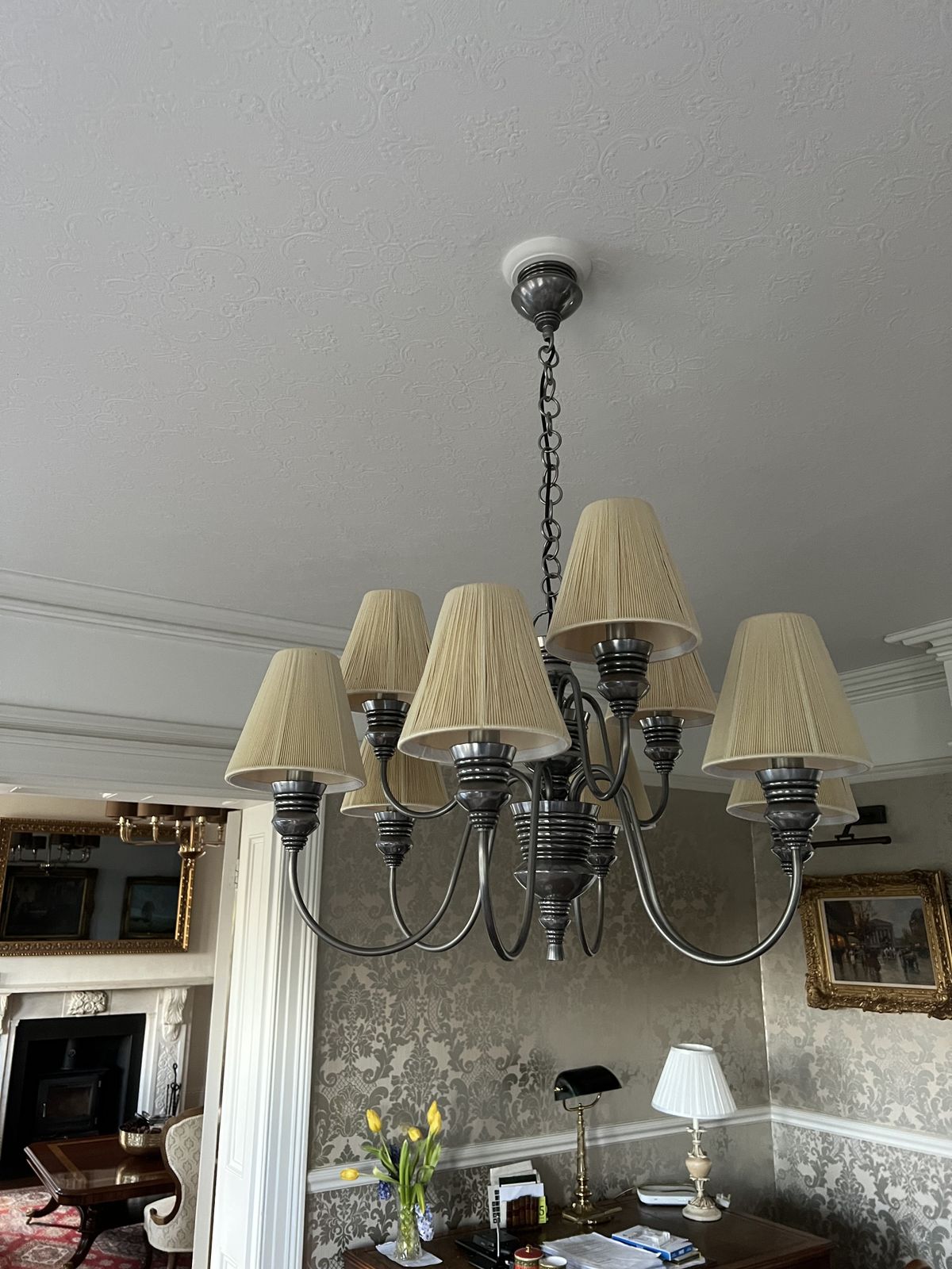 David Hunt Doreen 9 Light Pewter Chandelier With Sea Mist Gold String Shades photo for sale