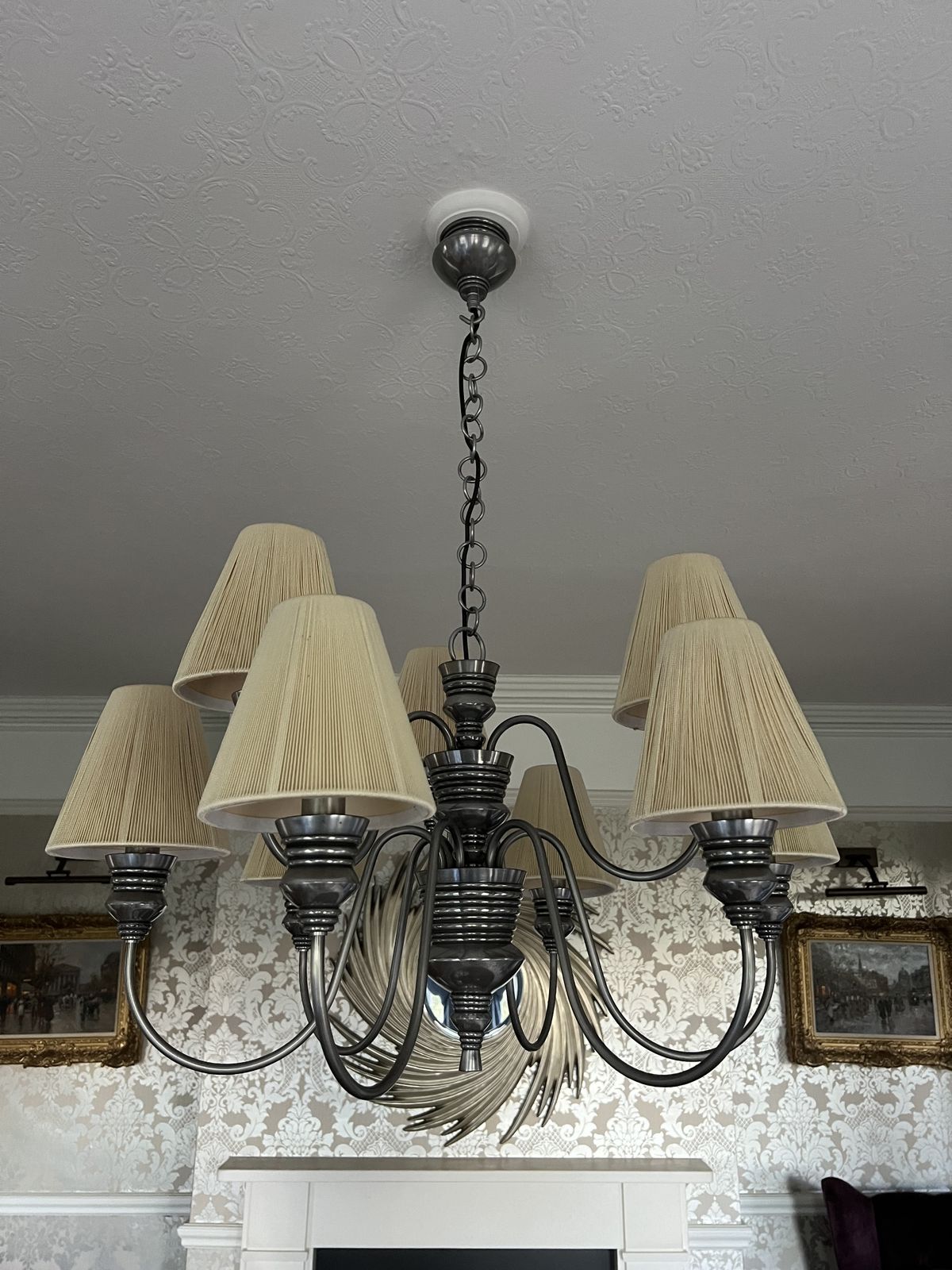 David Hunt Doreen 9 Light Pewter Chandelier With Sea Mist Gold String Shades photo 300.0