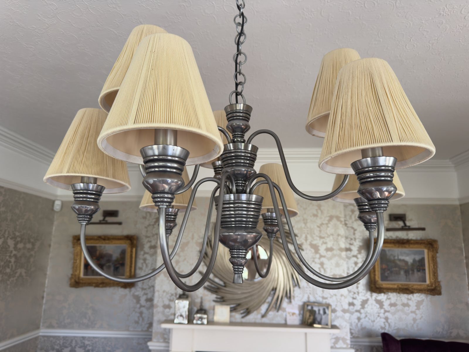 David Hunt Doreen 9 Light Pewter Chandelier With Sea Mist Gold String Shades photo buy