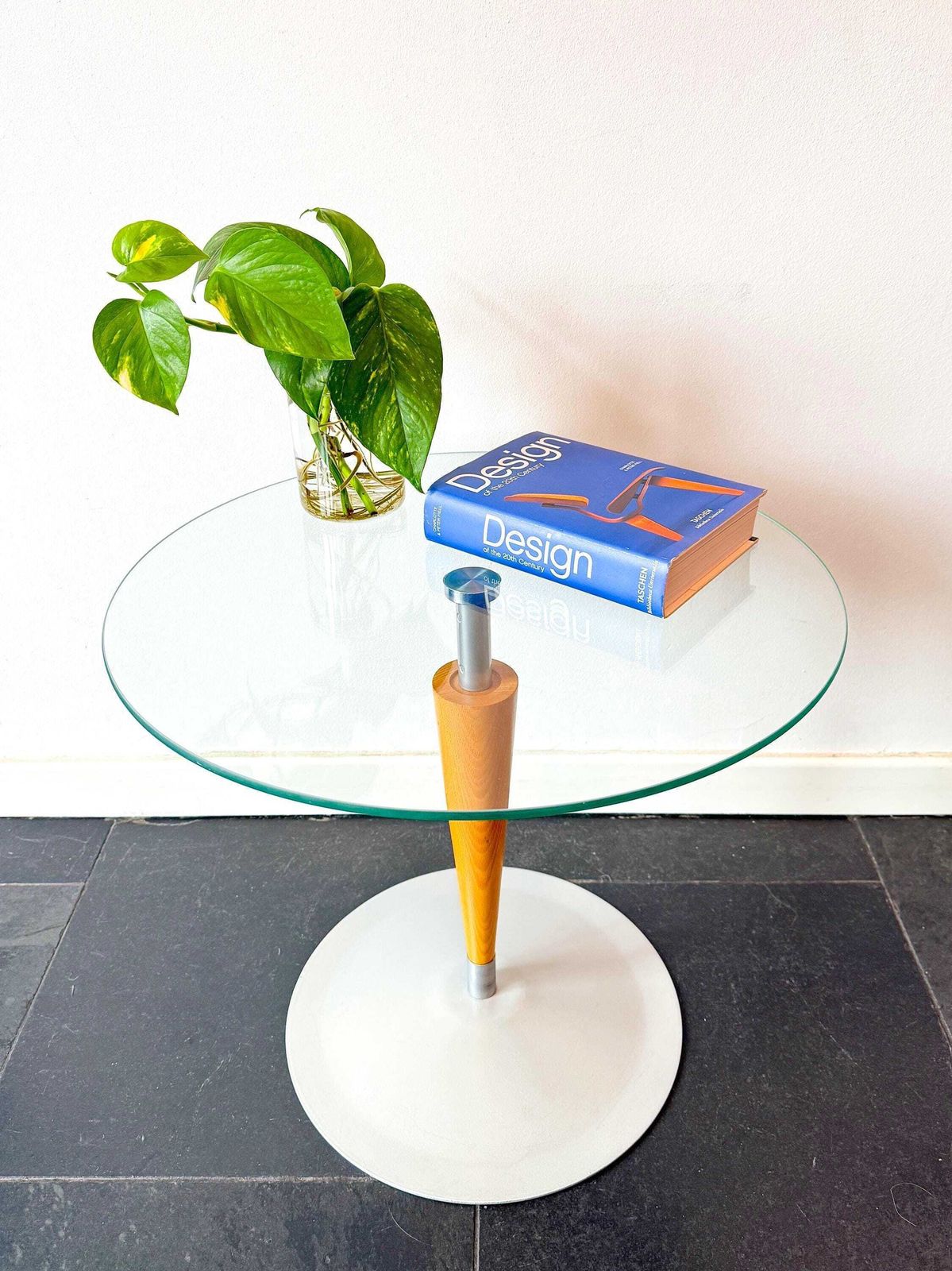 Vintage Bijzettafel | Glas, Hout, Metaal | Modern | Memphis | Jaren 1990
