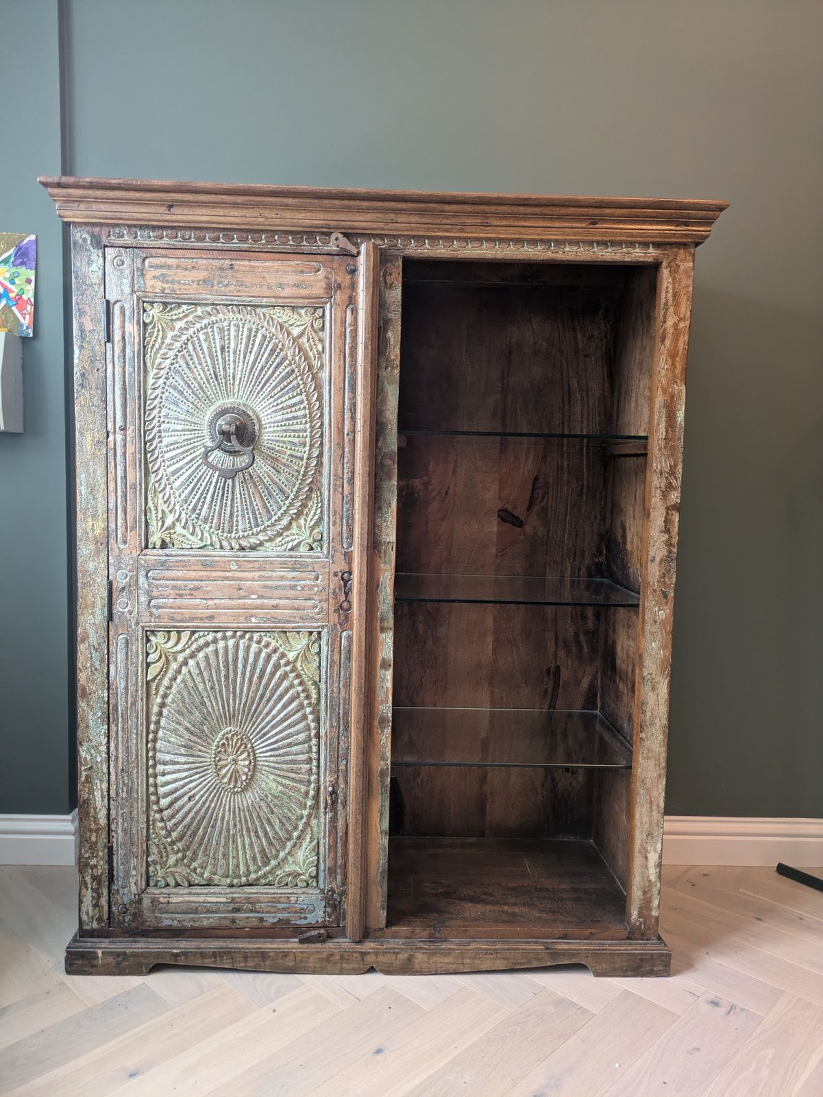 Vintage Indian Teak Almirah Cabinet With Hand Carved Sunburst Doors
