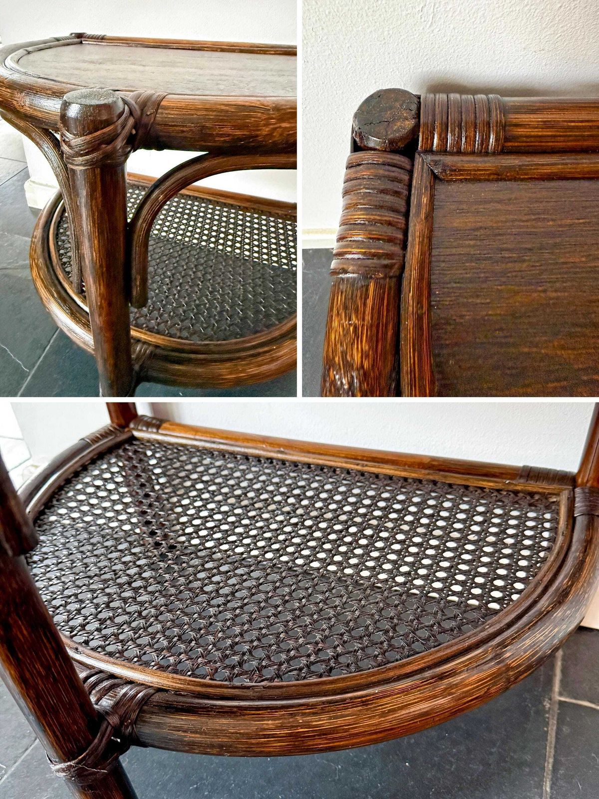 photo for sale Vintage Rattan And Cane Half Moon Wall Table   Wicker   Excellent Condition   Mid Century Design   Bohemian   Side Table