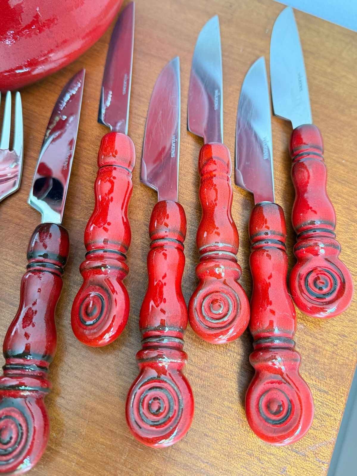 Vintage Wilkens “Tirol” Cutlery Set And Fondue Pot – Red Ceramic & Stainless Steel 18/8 – Made In Germany – 1970s   Mid Century photo buy