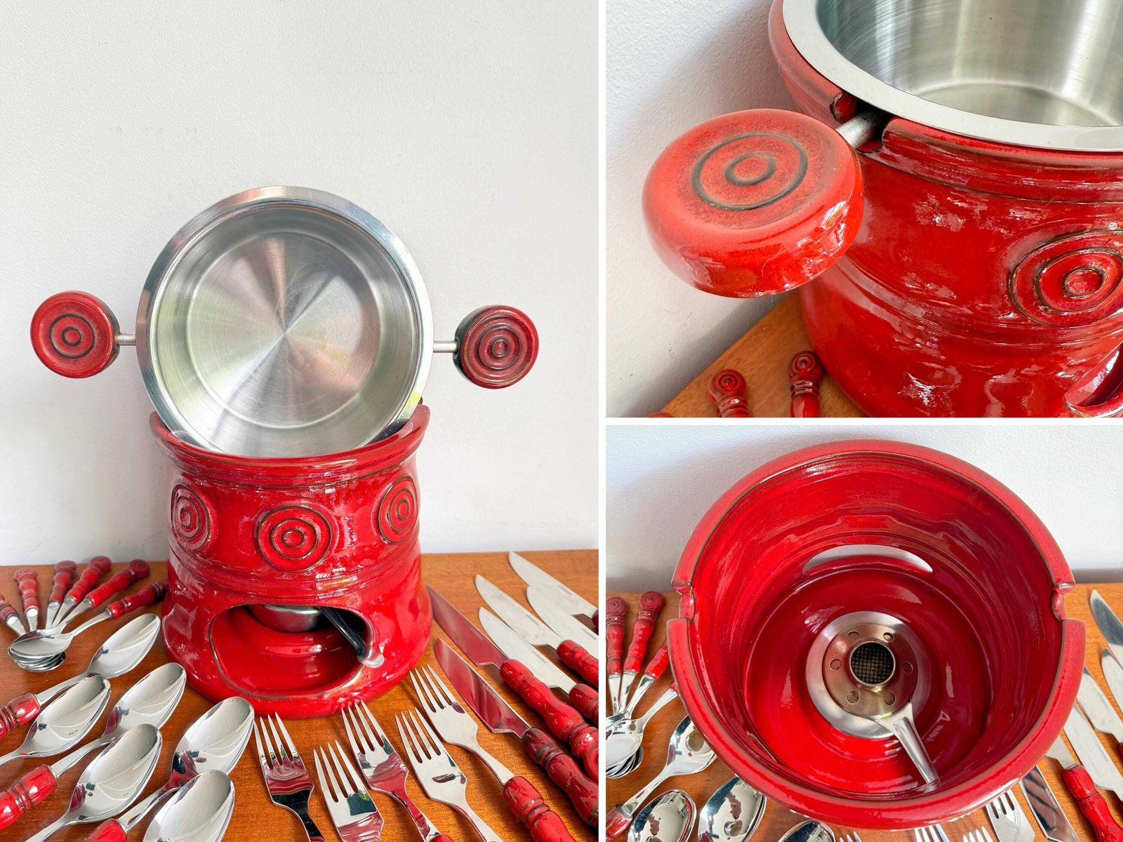 photo for sale Vintage Wilkens “Tirol” Cutlery Set And Fondue Pot – Red Ceramic & Stainless Steel 18/8 – Made In Germany – 1970s   Mid Century