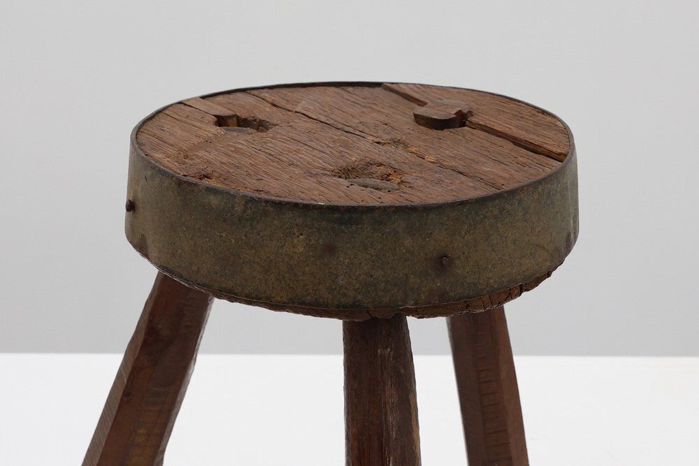 Brutalist French Oak Tripod Stool With Metal Rim, 1850s photo Furniture