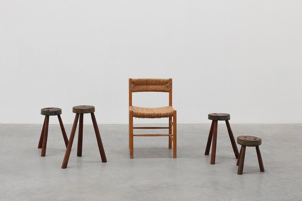 photo furniture Brutalist French Oak Tripod Stool With Metal Rim, 1850s