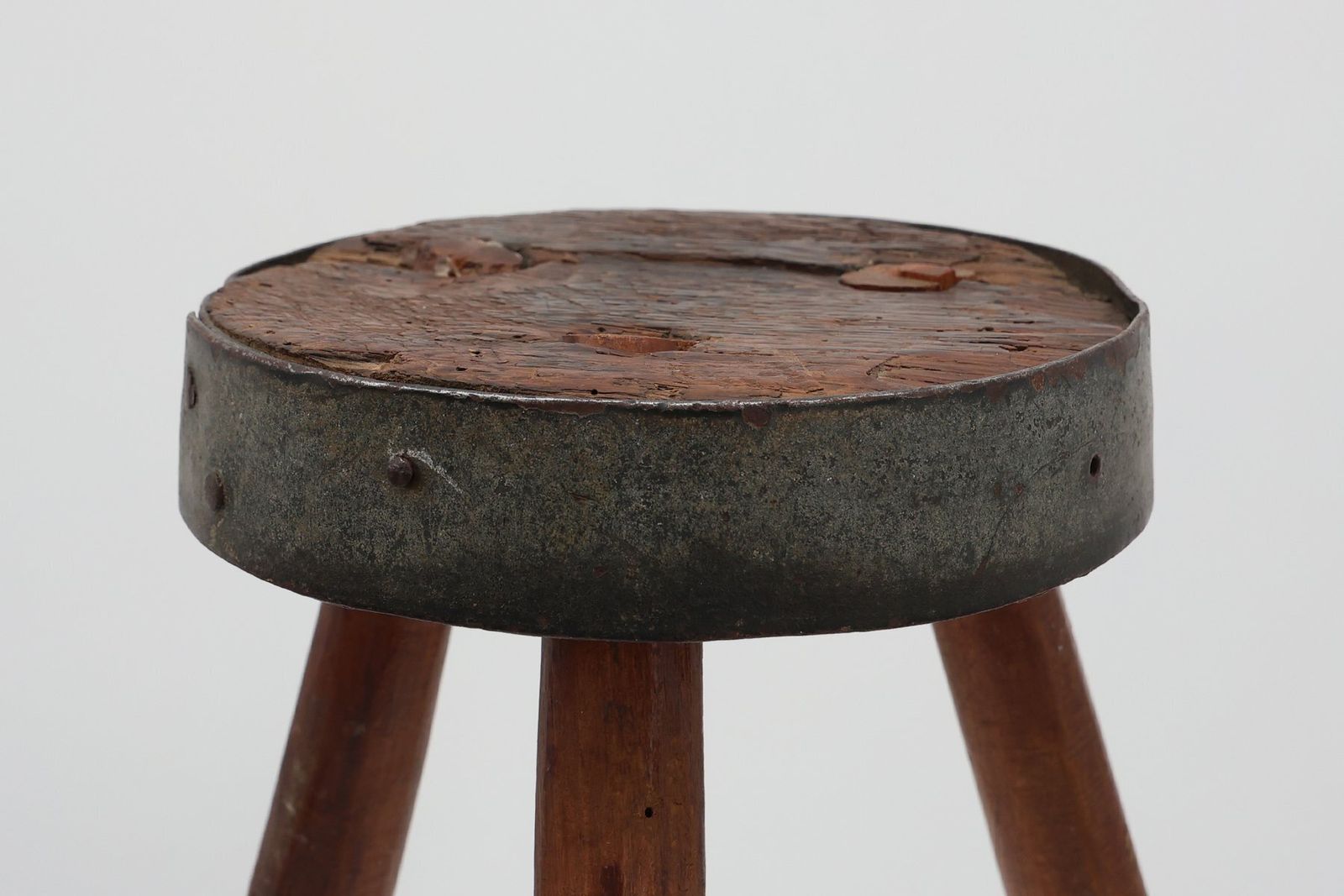 Brutalist French Oak Tripod Stool With Metal Rim, 1850s photo Furniture