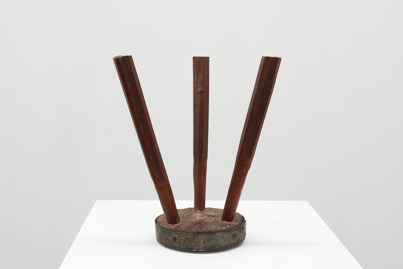 Brutalist French Oak Tripod Stool With Metal Rim, 1850s photo vinterior