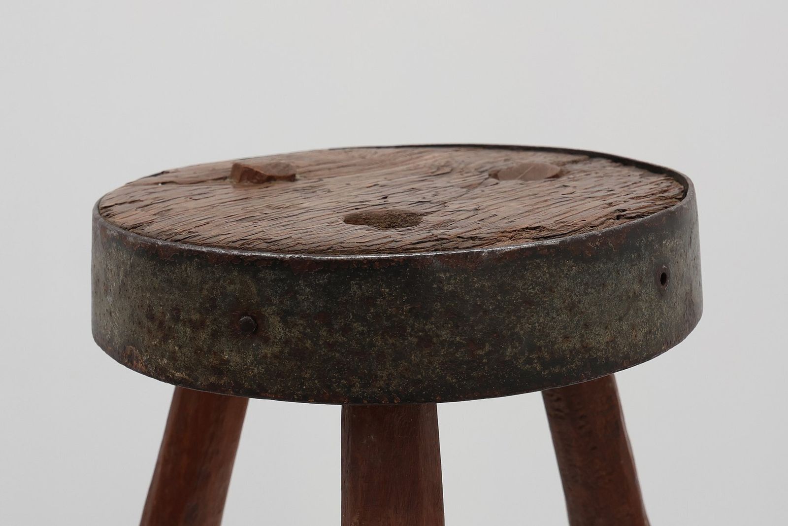 Brutalist French Oak Tripod Stool With Metal Rim, 1850s photo buy