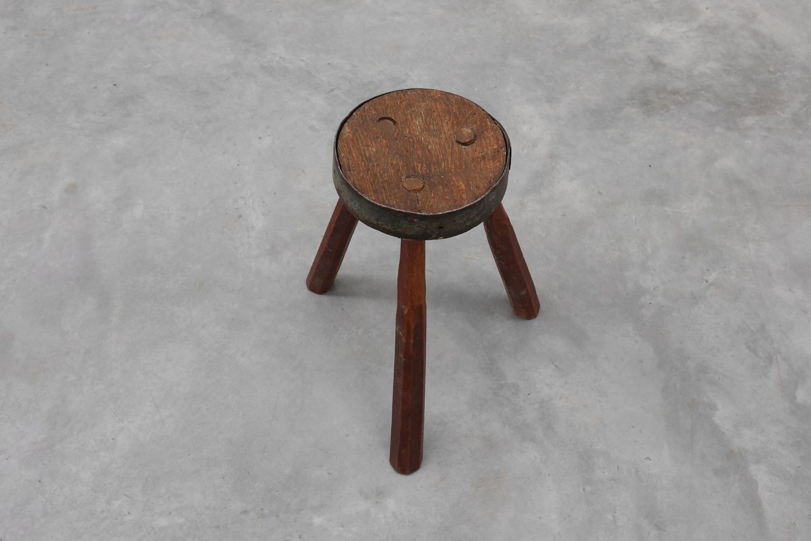 photo furniture Brutalist French Oak Tripod Stool With Metal Rim, 1850s