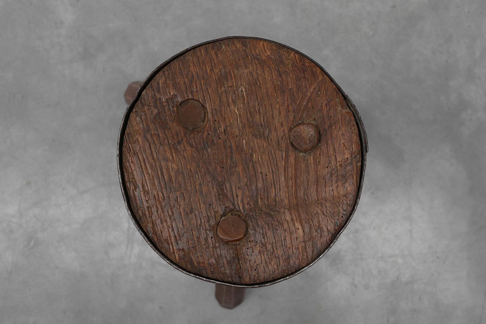 photo for sale Brutalist French Oak Tripod Stool With Metal Rim, 1850s