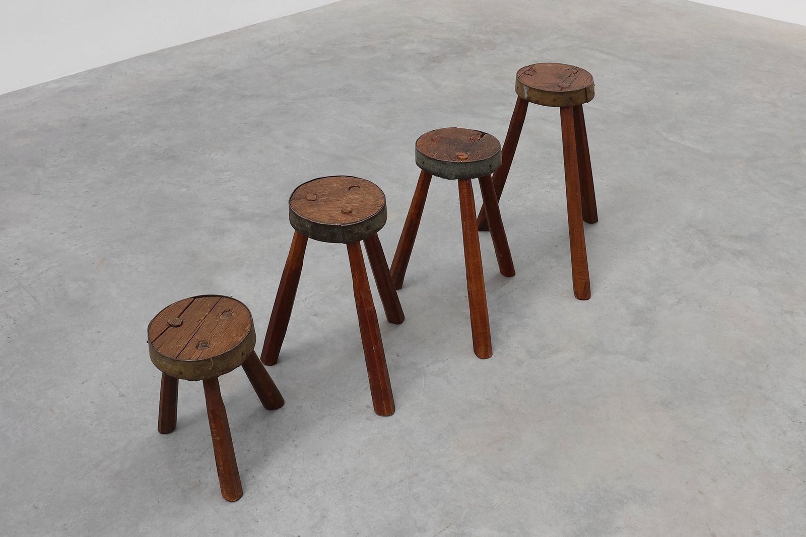 989.0 Brutalist French Oak Tripod Stool With Metal Rim, 1850s photo