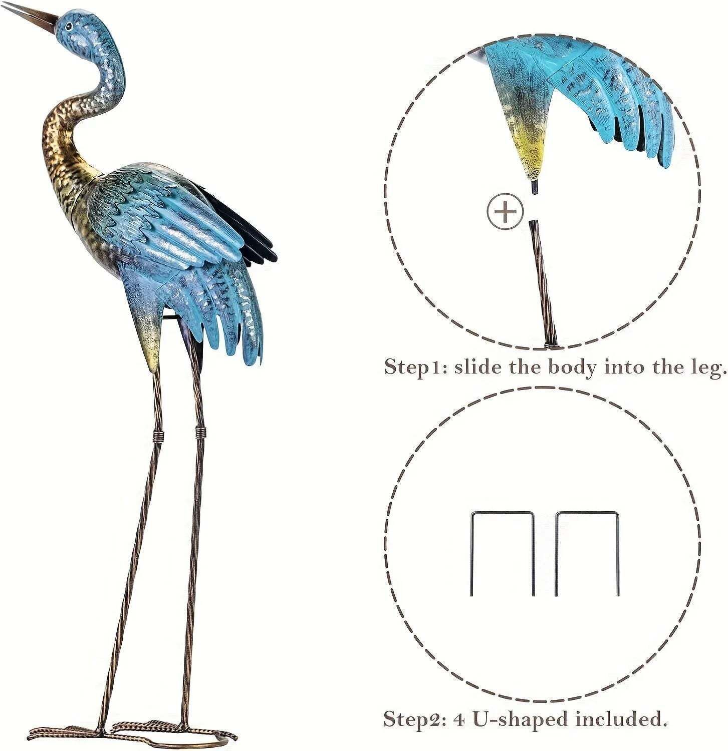 Blue Gold Metal Crane Garden Statue photo buy