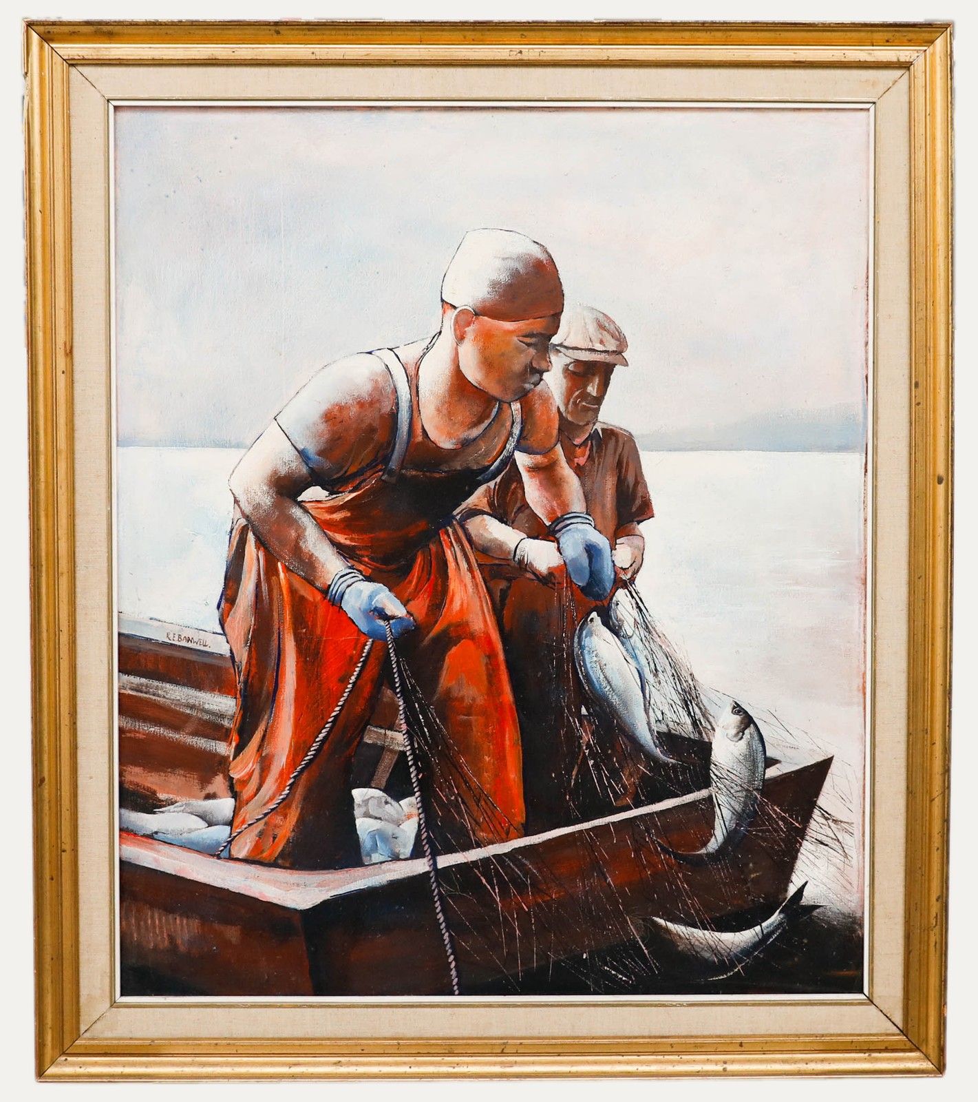 R. E. Banwell Framed Contemporary Oil, Bringing In The Catch