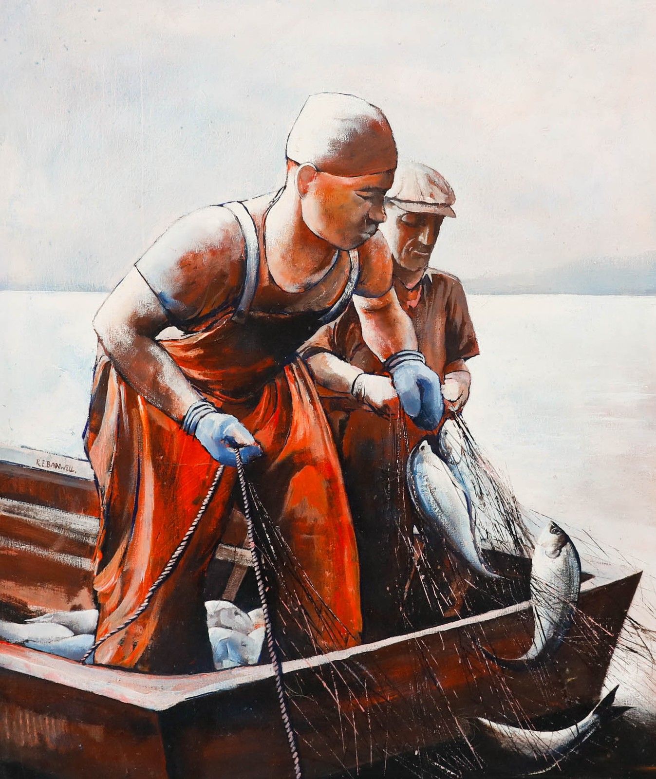 R. E. Banwell Framed Contemporary Oil, Bringing In The Catch photo Art