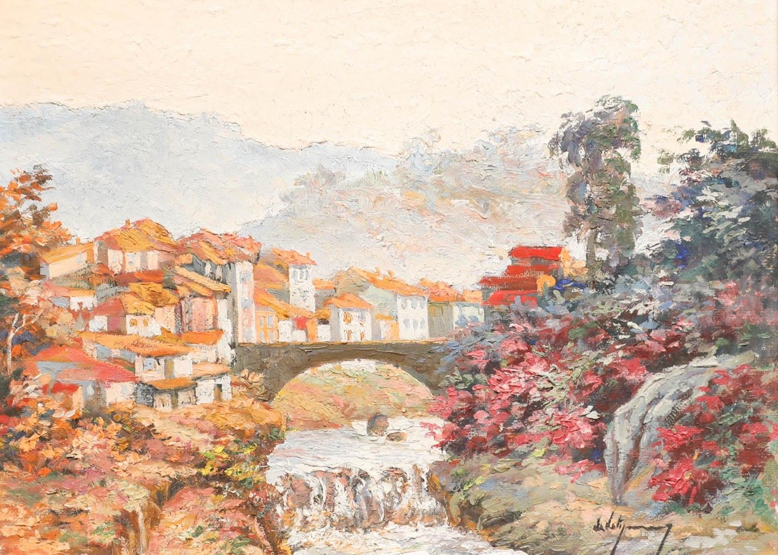 Attila Mendly De Vétyemy (1911 1964) Mid 20th Century Oil, Village In Bloom photo furniture