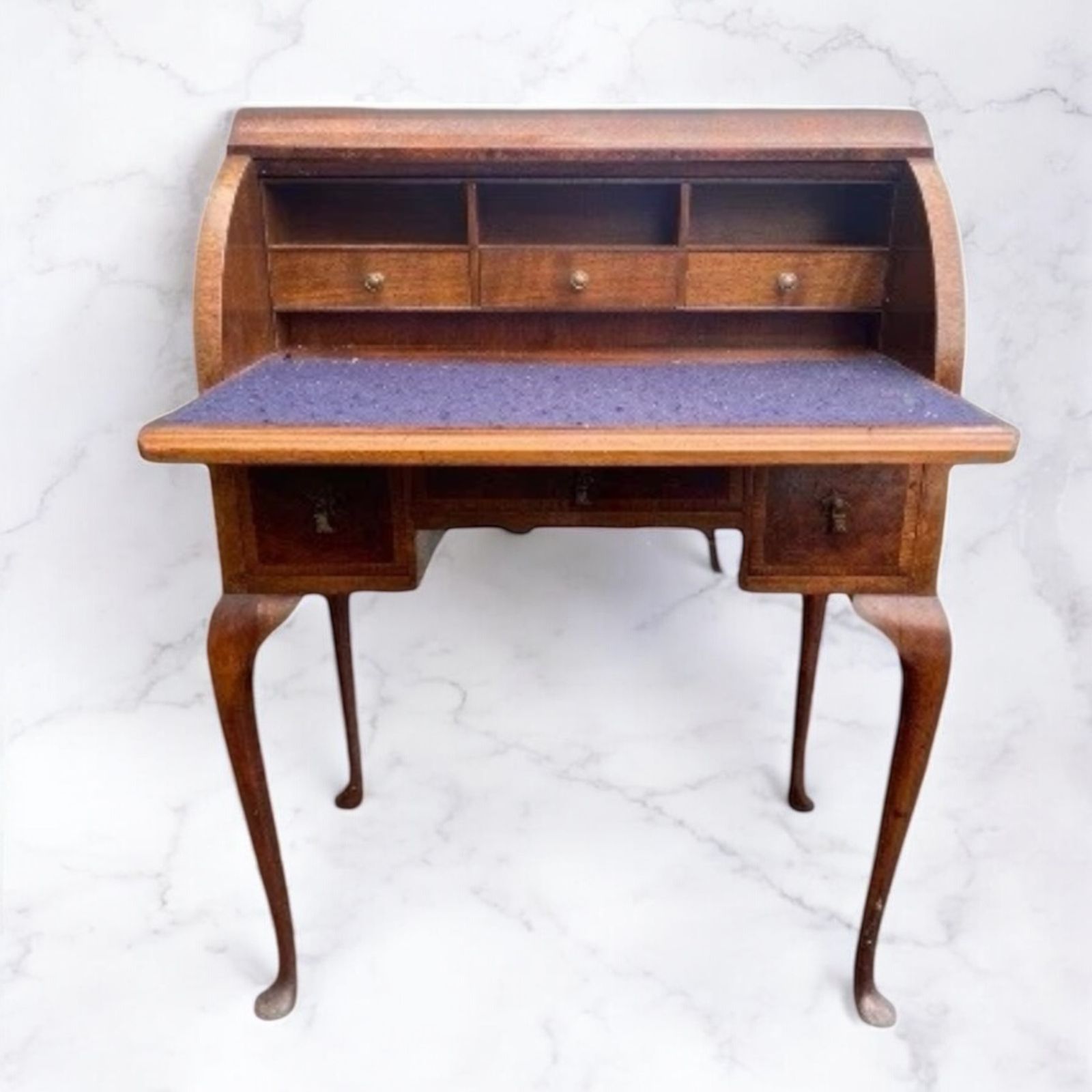 Small Queen Anne Walnut Cylinder Roll Top Bureau Writing Desk Ladies photo furniture