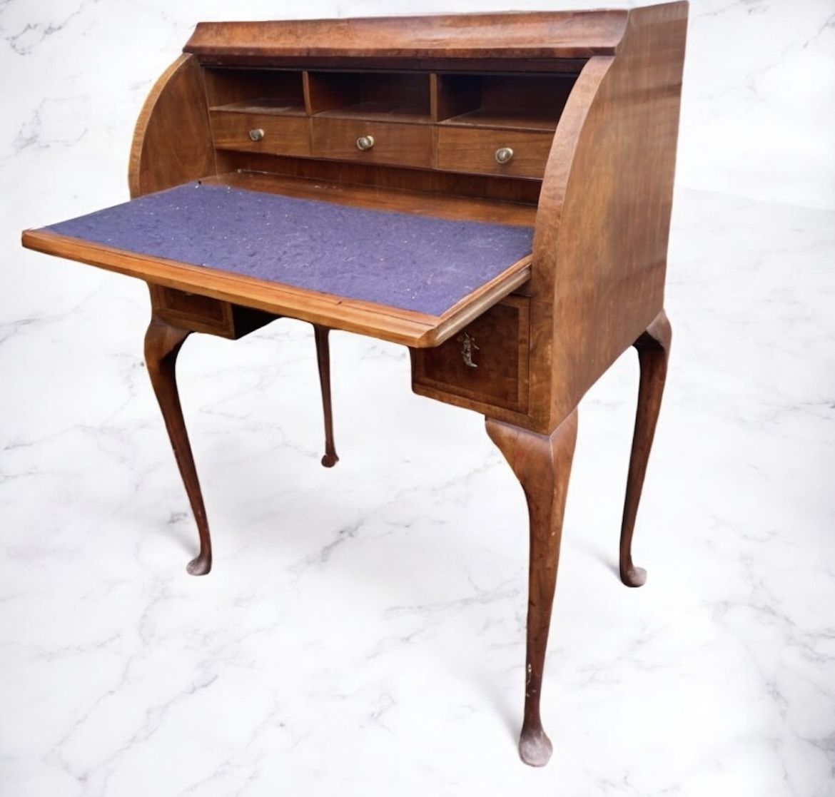 Small Queen Anne Walnut Cylinder Roll Top Bureau Writing Desk Ladies photo for sale