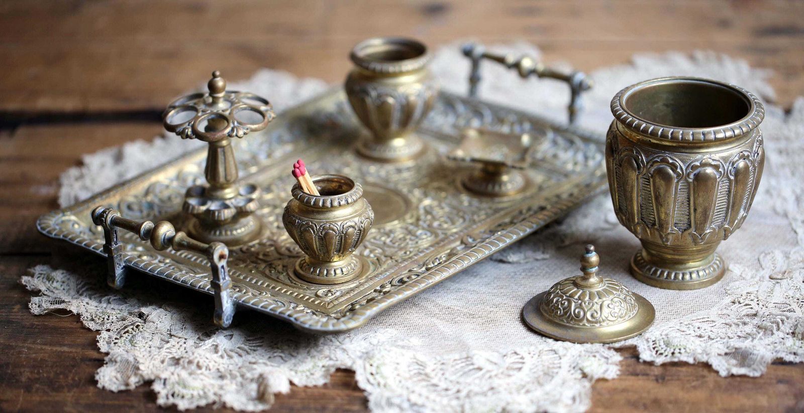 Antique Smoking Tray French Rococo Style Cigar Set Cigarette Stand Match Holder Tobacco Pot In Brass photo for sale