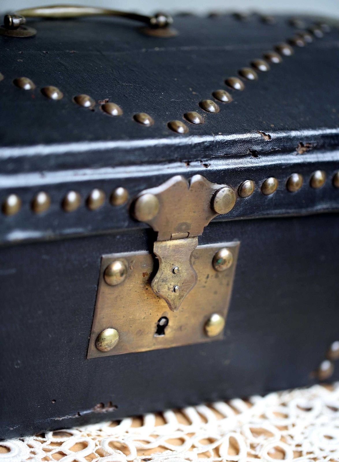 Antique Studded Chest Wooden Storage Black Domed Wedding Box photo vintage