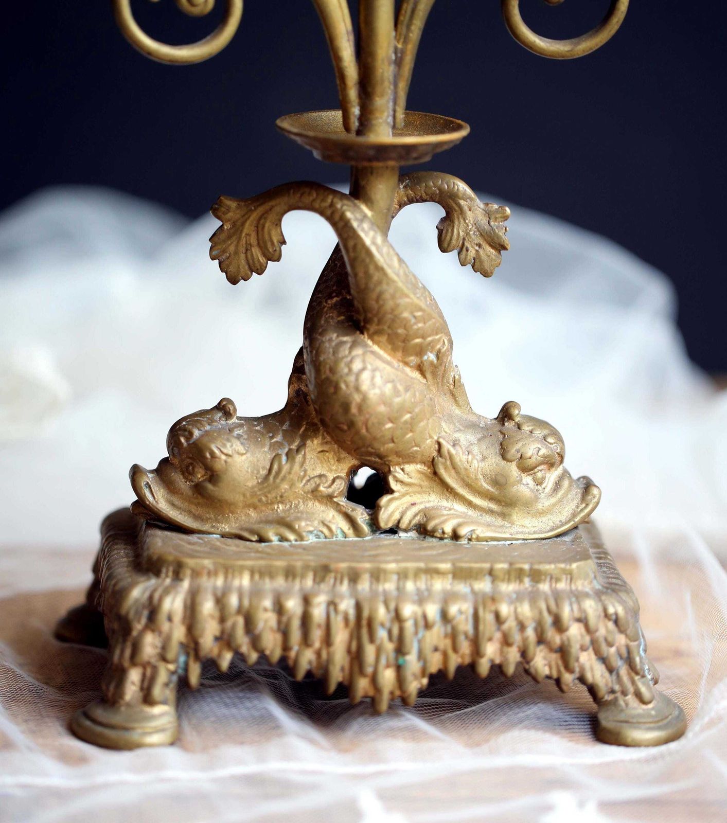 Pair Of Antique French Dolphin Candlesticks Ormolu Candelabras Gilded Bronze Candle Holders photo 332.0