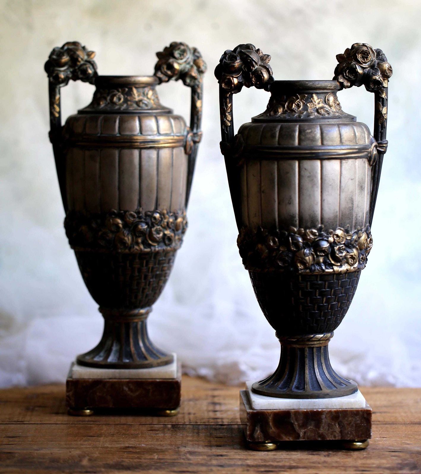 photo furniture Pair Of Antique Mantle Urns Large Neo Classical Style Vases