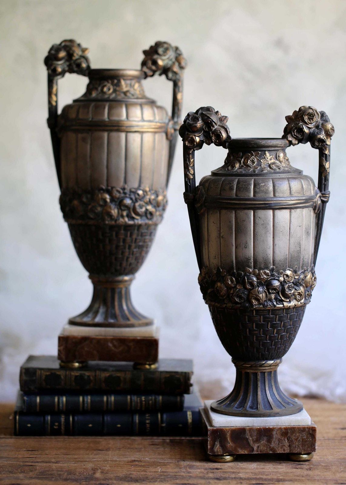 photo for sale Pair Of Antique Mantle Urns Large Neo Classical Style Vases
