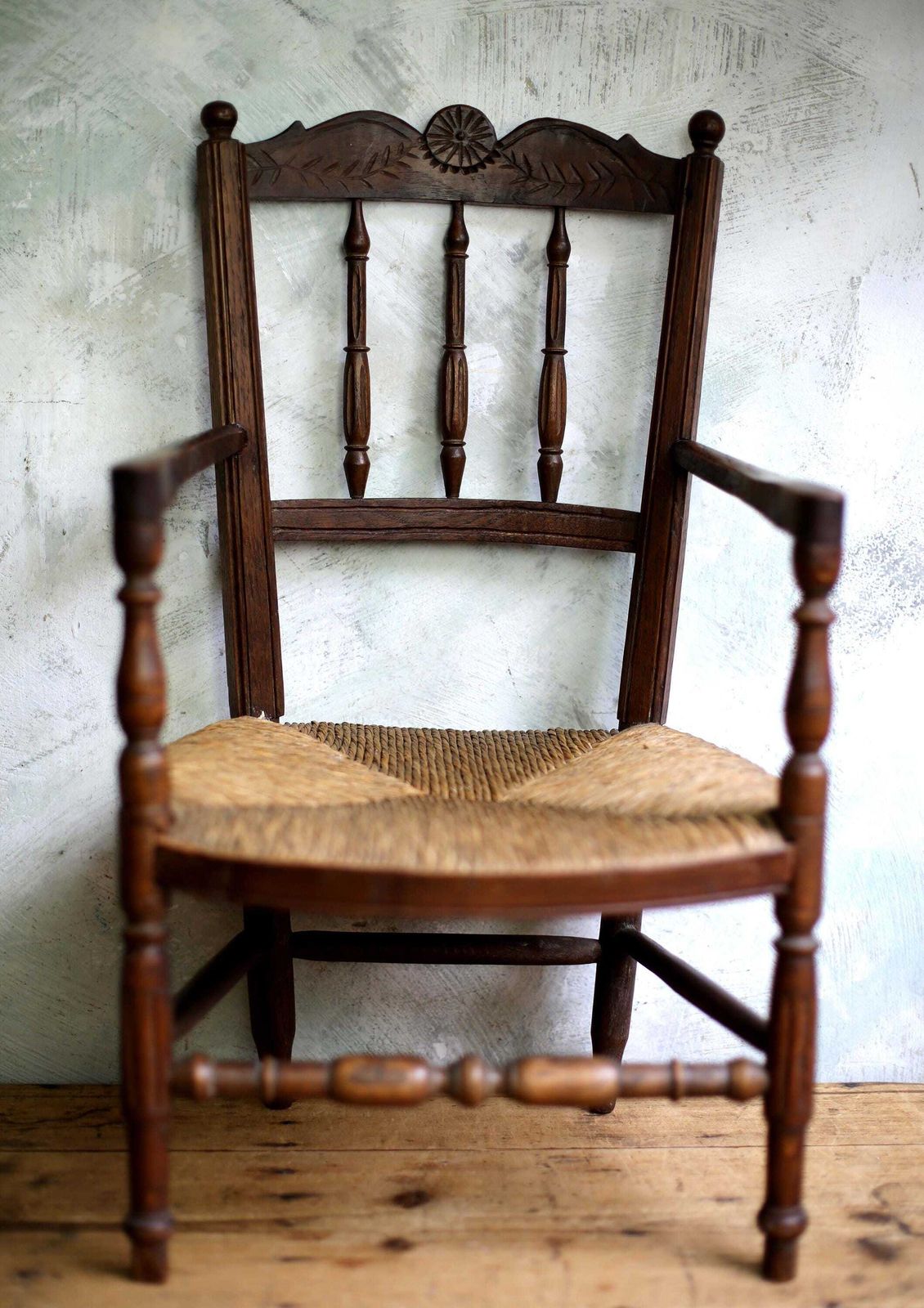 Child Antique Chair Wooden Miniature French Carved Woven Straw Seat Apprentice Piece photo for sale