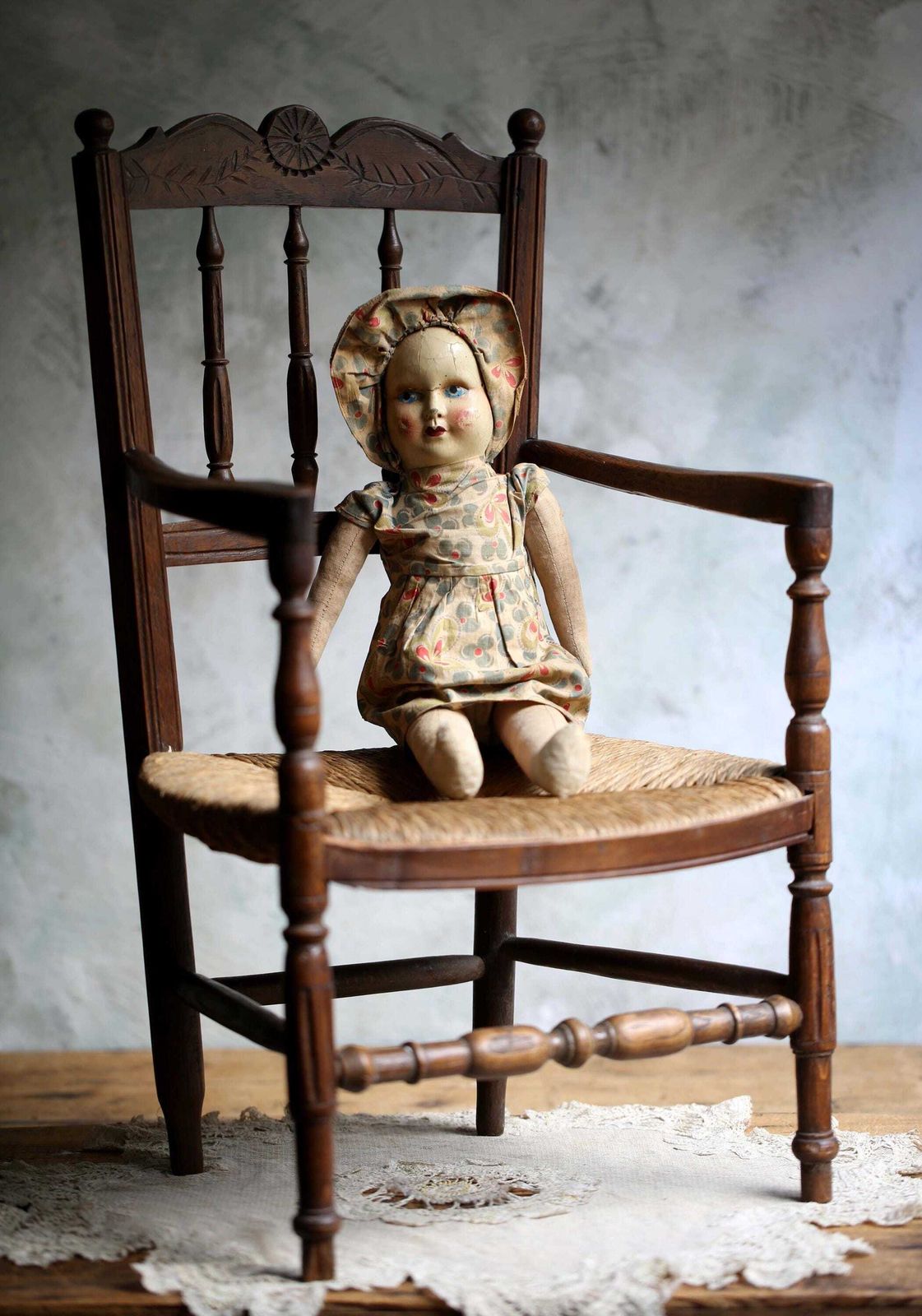 photo furniture Child Antique Chair Wooden Miniature French Carved Woven Straw Seat Apprentice Piece