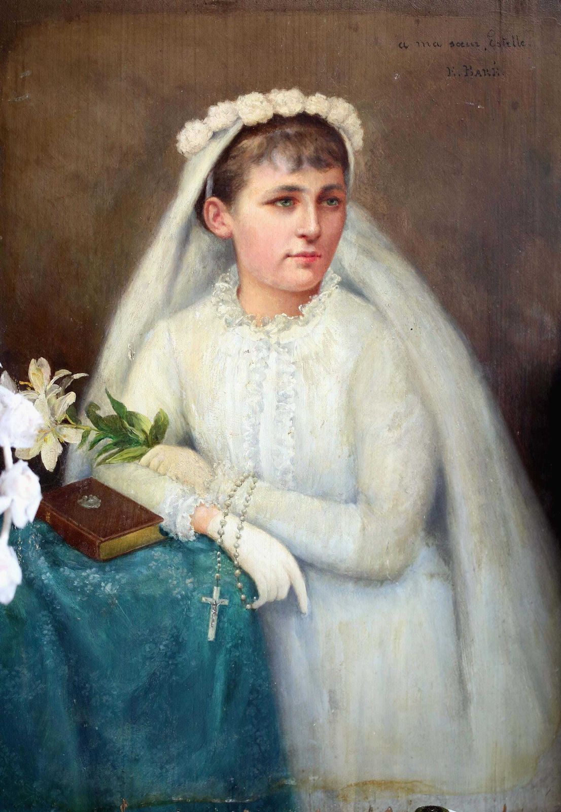 Antique Oil Painting: Girl's Holy Communion Portrait By Emil Baré photo Art