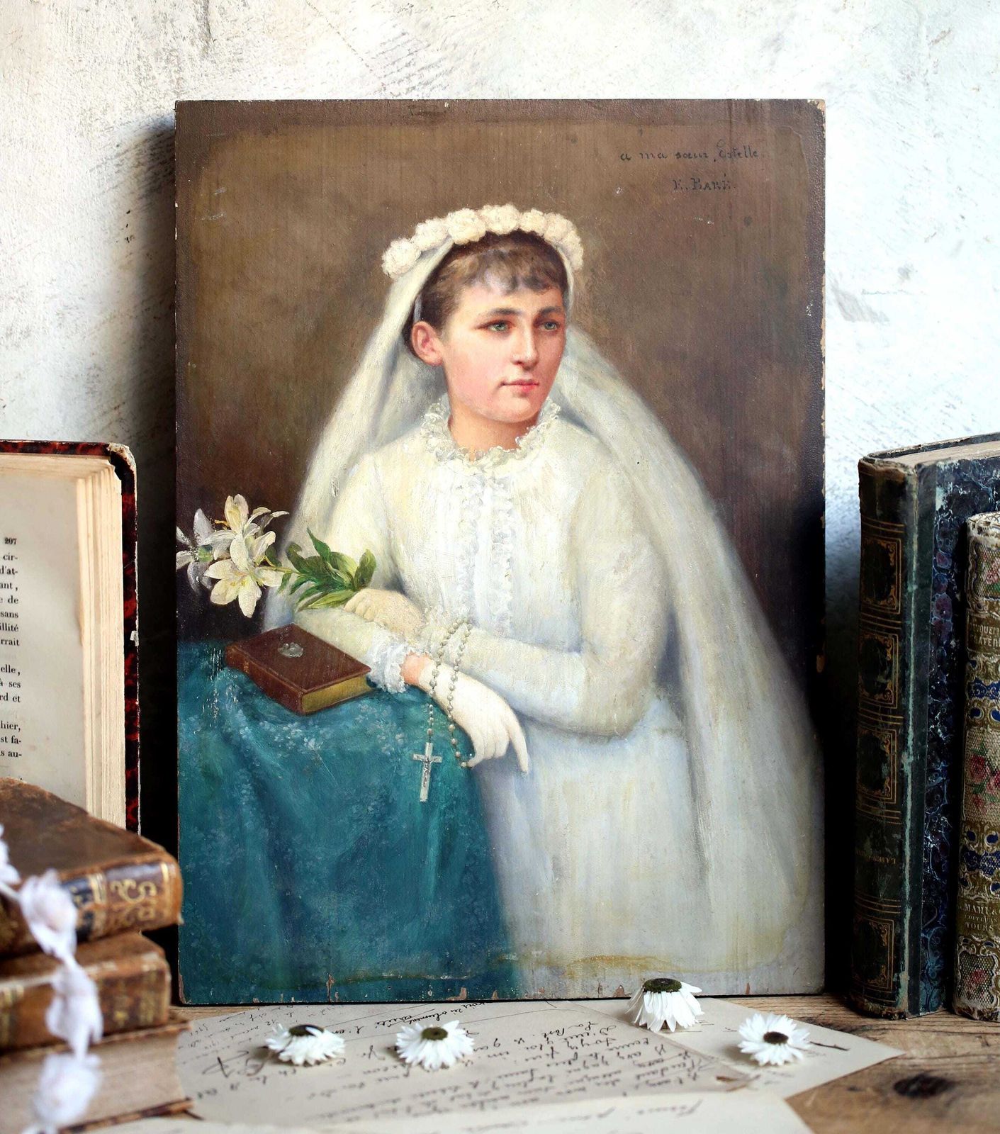 Antique Oil Painting: Girl's Holy Communion Portrait By Emil Baré photo 205.0