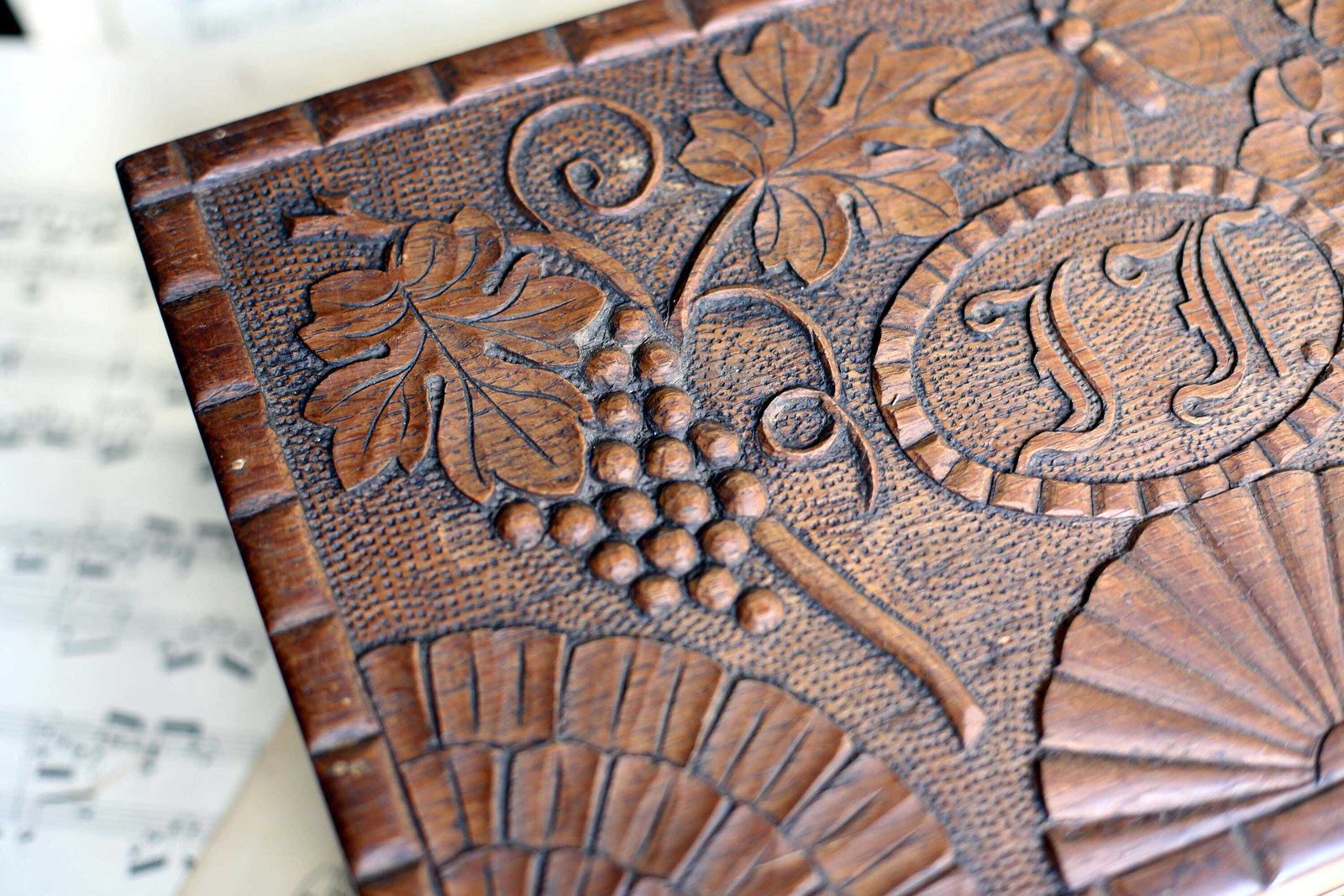 Antique French Box Carved Box Wooden Storage Case Lf Monogram 1937 Chest photo 150.0