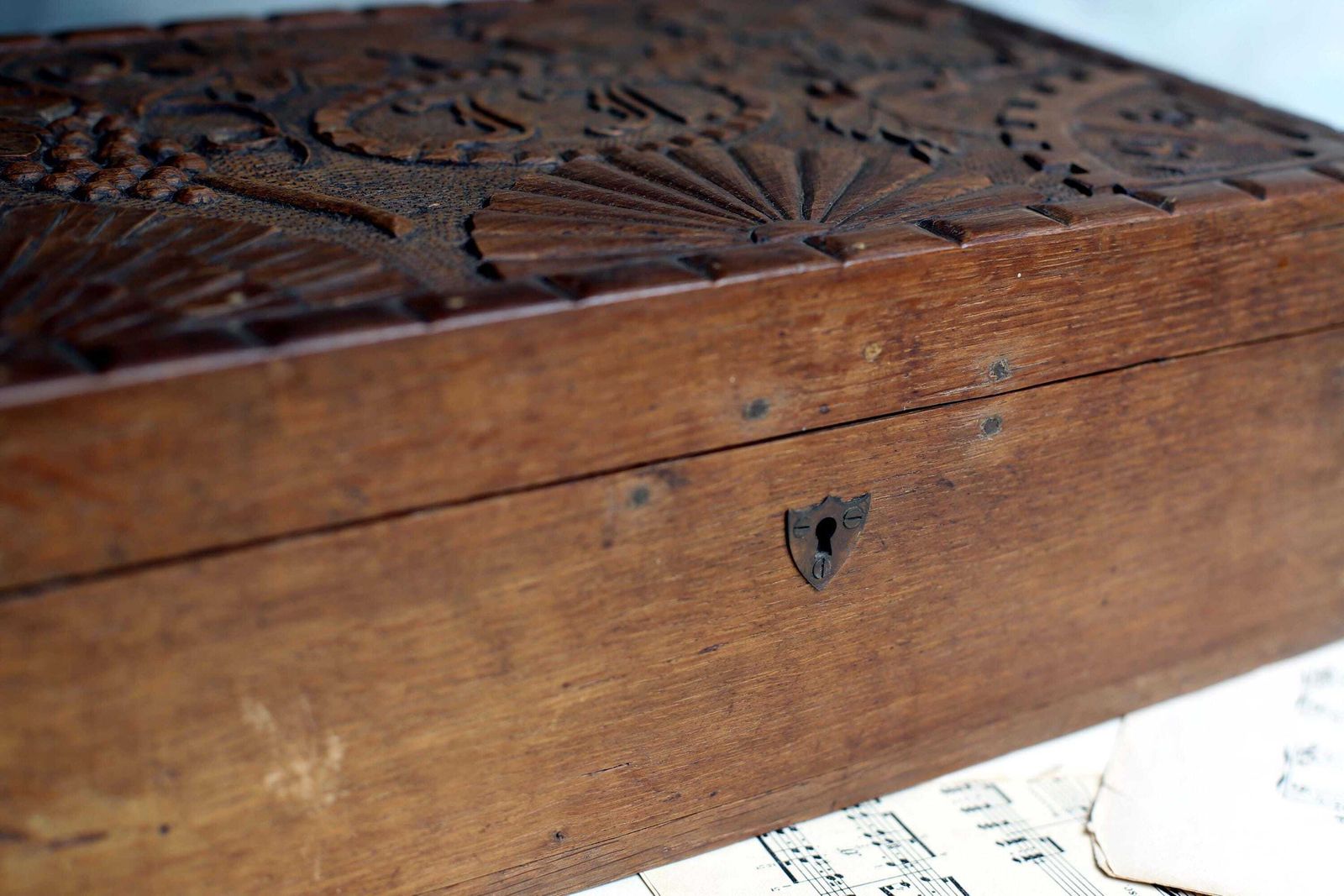 Antique French Box Carved Box Wooden Storage Case Lf Monogram 1937 Chest photo vintage