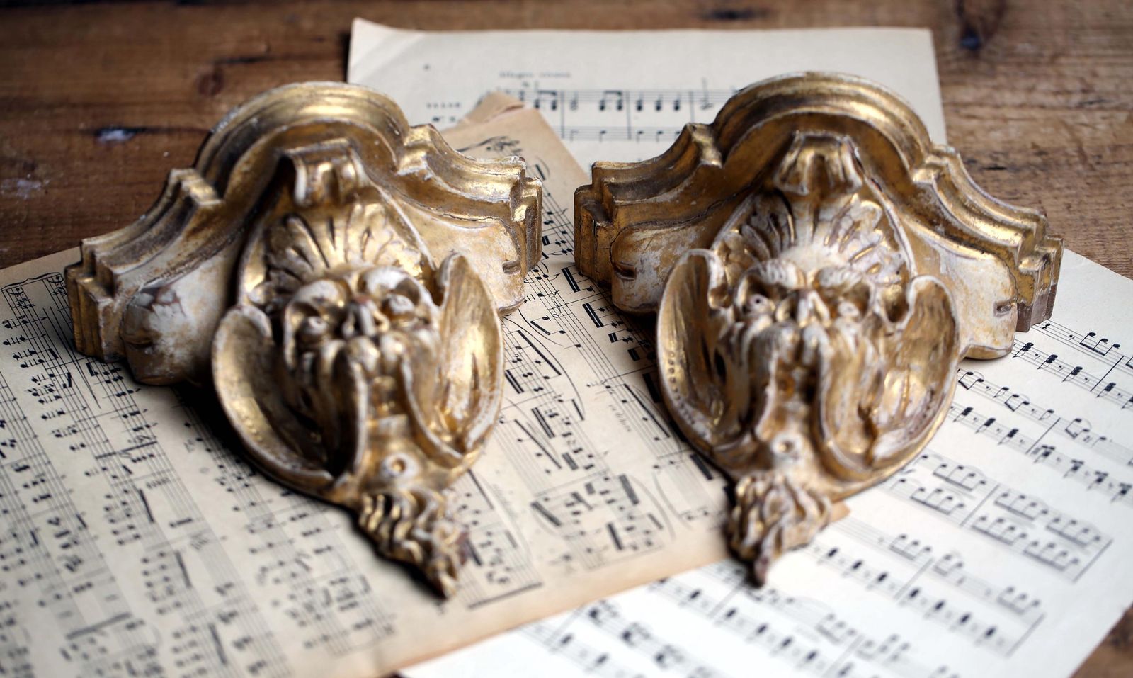 Antique French Corbels: Renaissance Revival Grotesque Faces Carved Wood Wall Shelves photo furniture