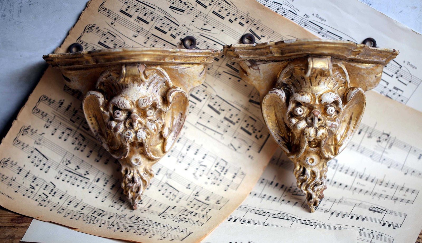 Antique French Corbels: Renaissance Revival Grotesque Faces Carved Wood Wall Shelves photo Furniture