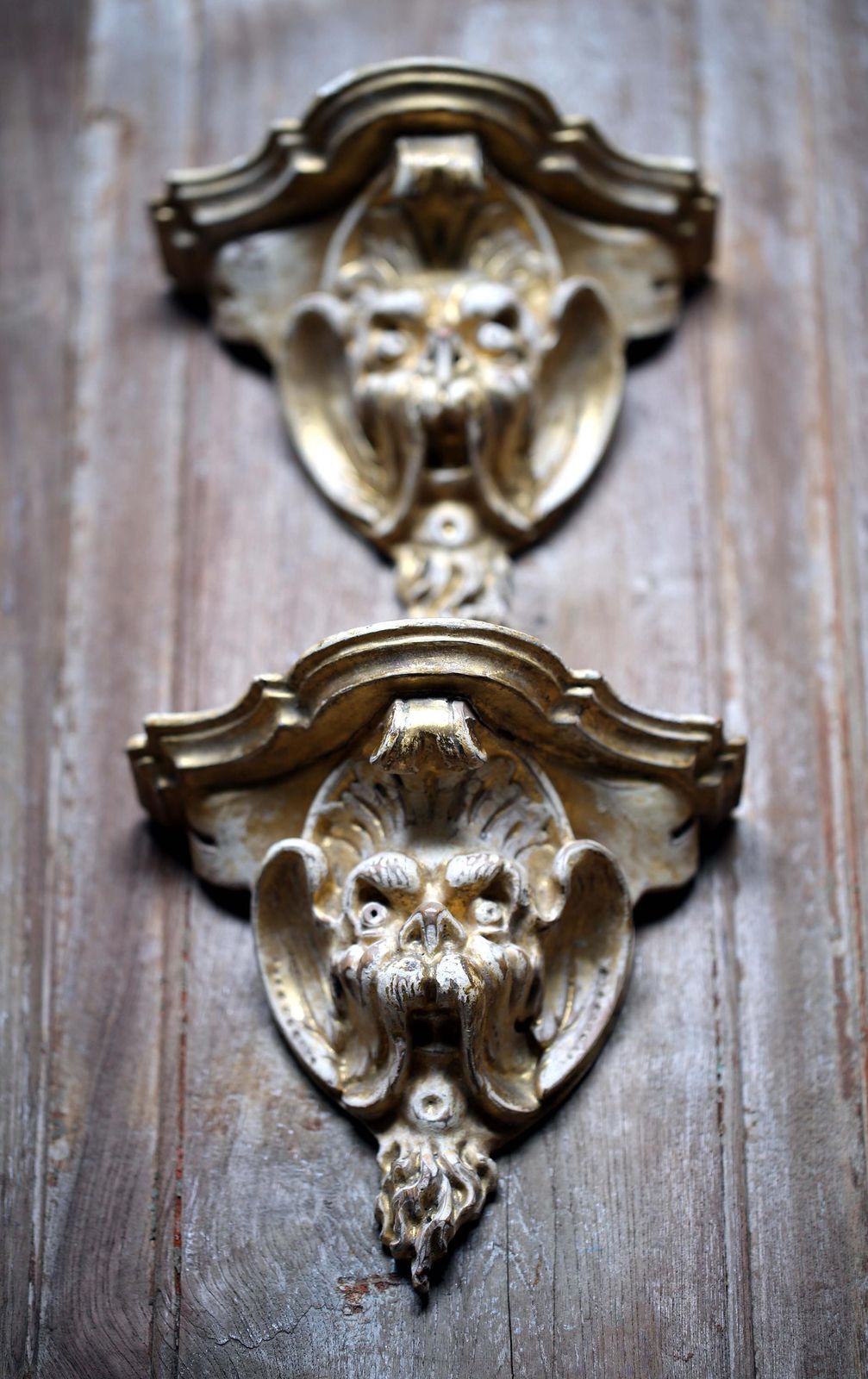 photo for sale Antique French Corbels: Renaissance Revival Grotesque Faces Carved Wood Wall Shelves