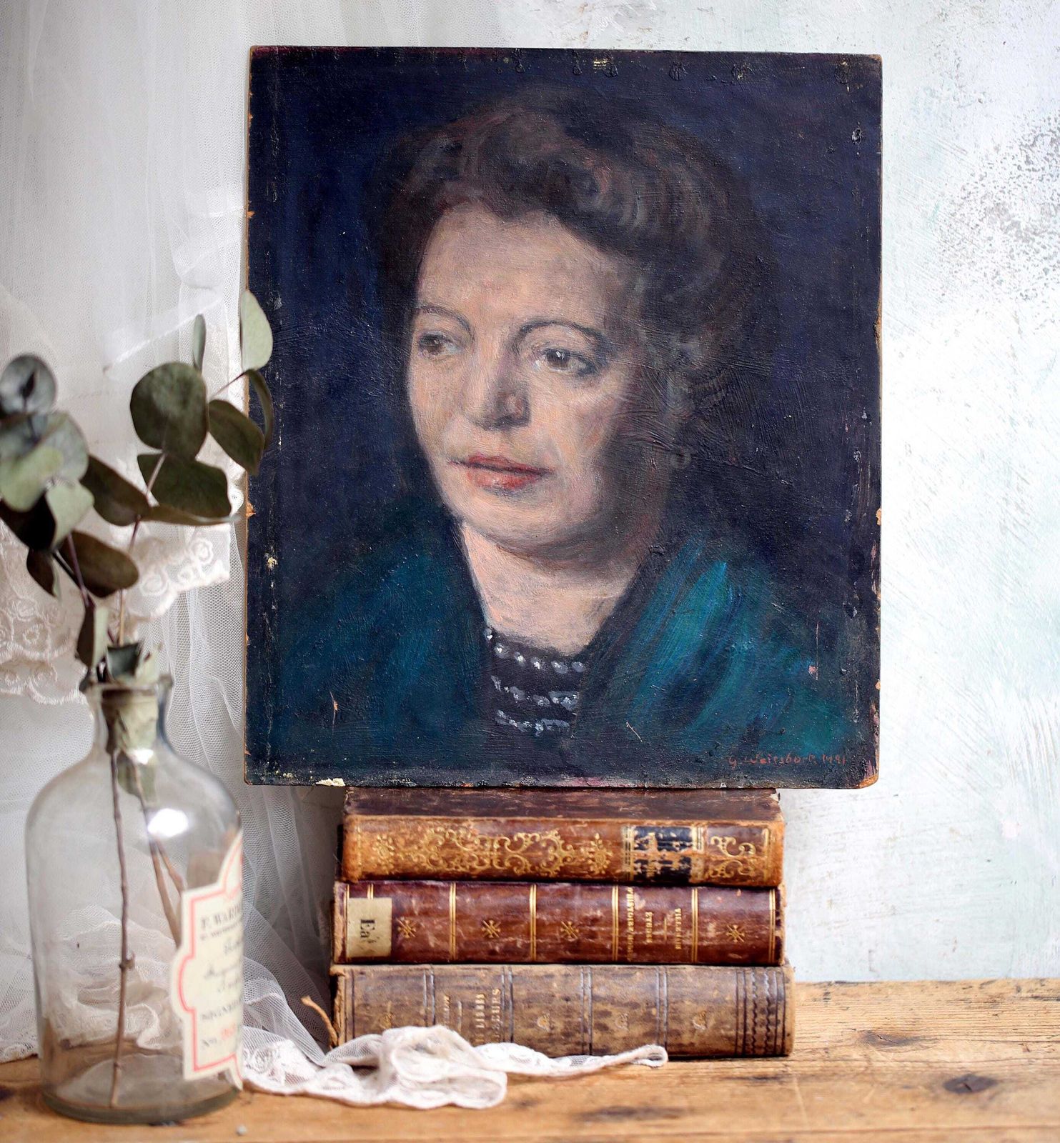 Original George Weissbort Portrait Painting Of A Woman In Blue Oil Paint photo furniture